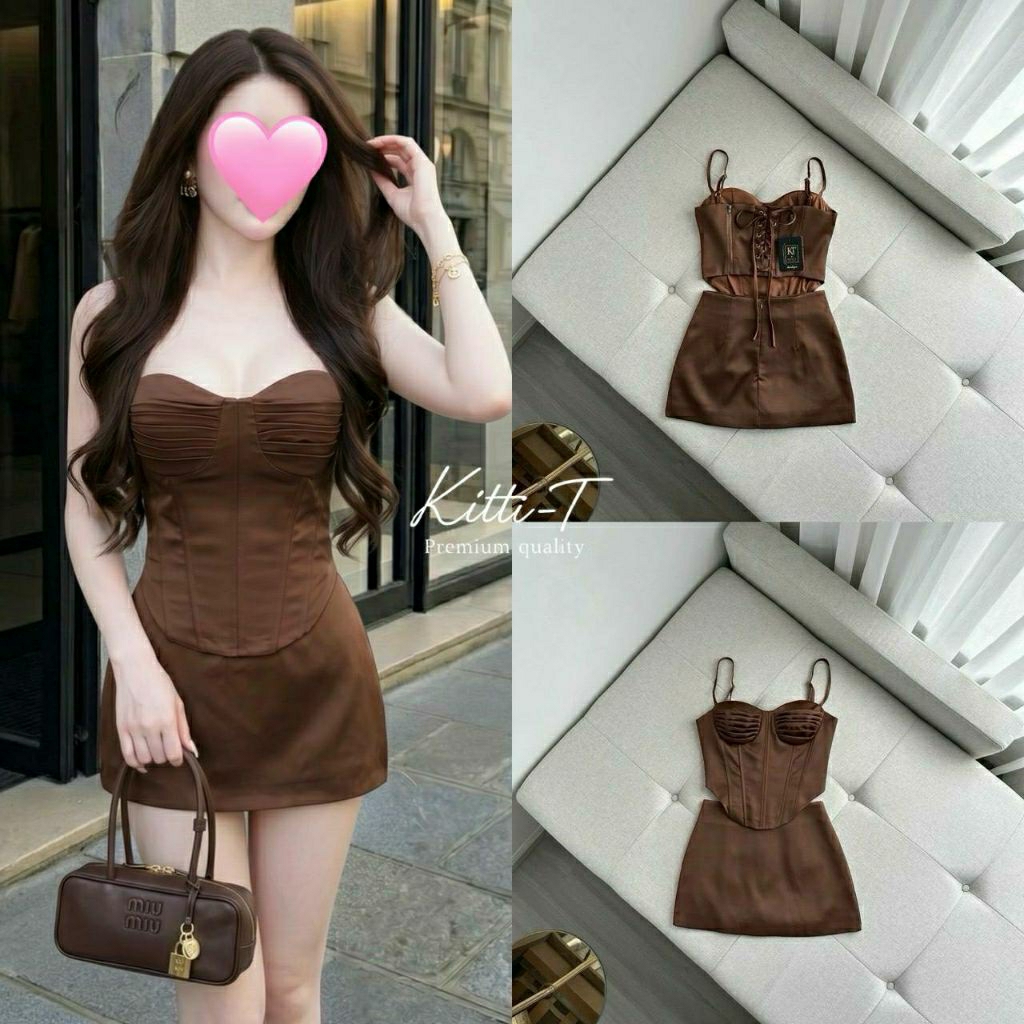 (XS-L) KITTI-T 📣พร้อมส่งเซ็ท2ชิ้นเสื้อสายเดี่ยวอกแต่งจีบระบาย+กระโปรงสั้นทรงสอบสีคุมโทนเข้าเซตกัน