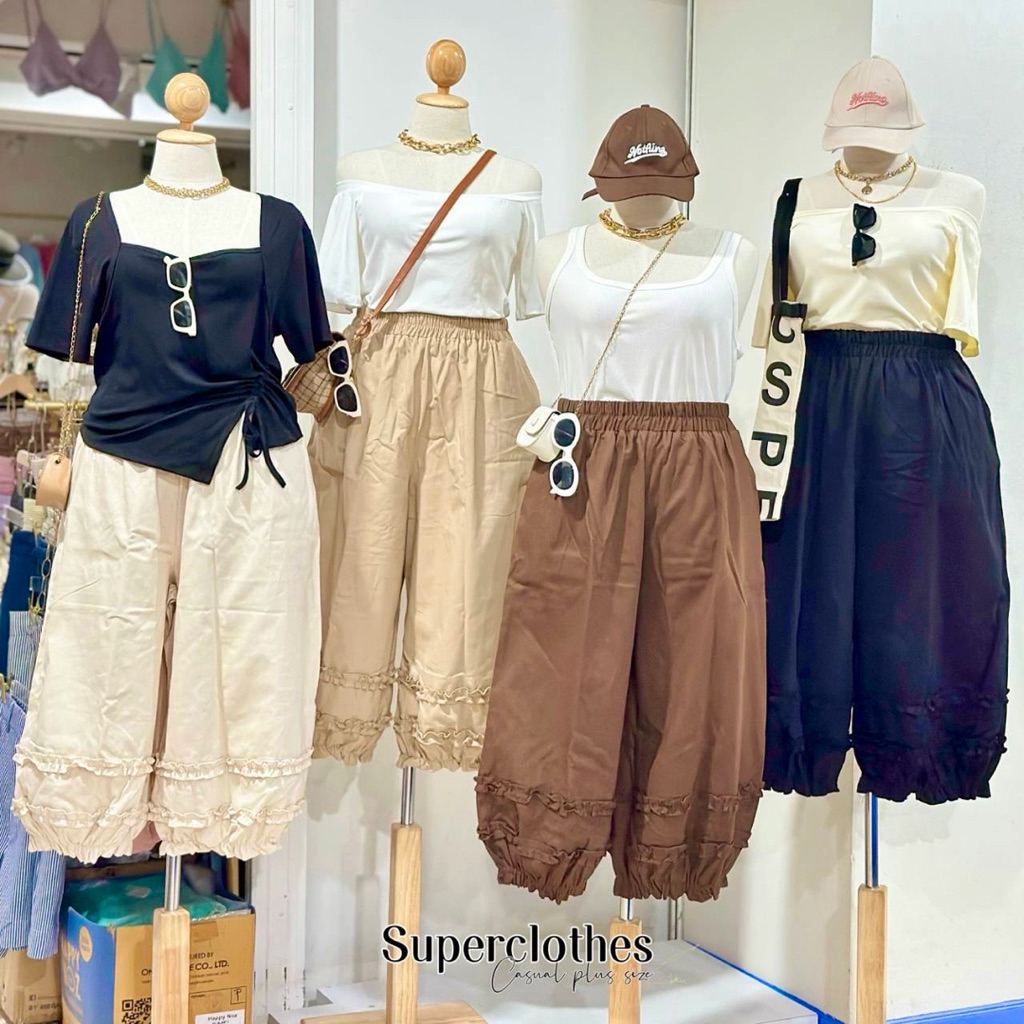 Jessy Pants ˚ ༘ ೀ🛋️👩🏻🖤🍓⋆｡˚ กางเกงบอลลูนปลายขาดีเทลรูดระบาย2ชั้น เนื้อผ้ายีนส์บาง ใส่สวยสาวอวบ