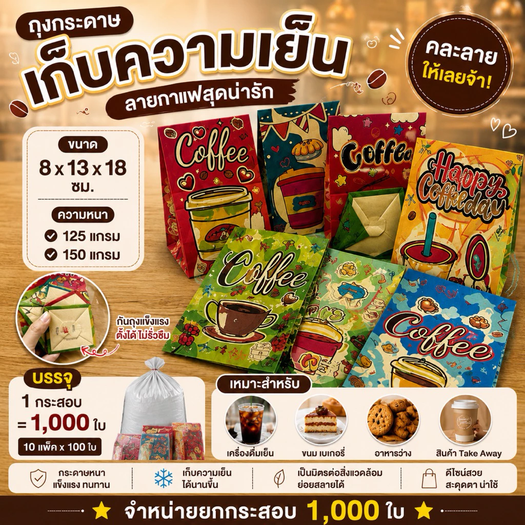 (1000ใบ)ถุงกระดาษเก็บความเย็น 125และ150แกรม คละ4ลาย