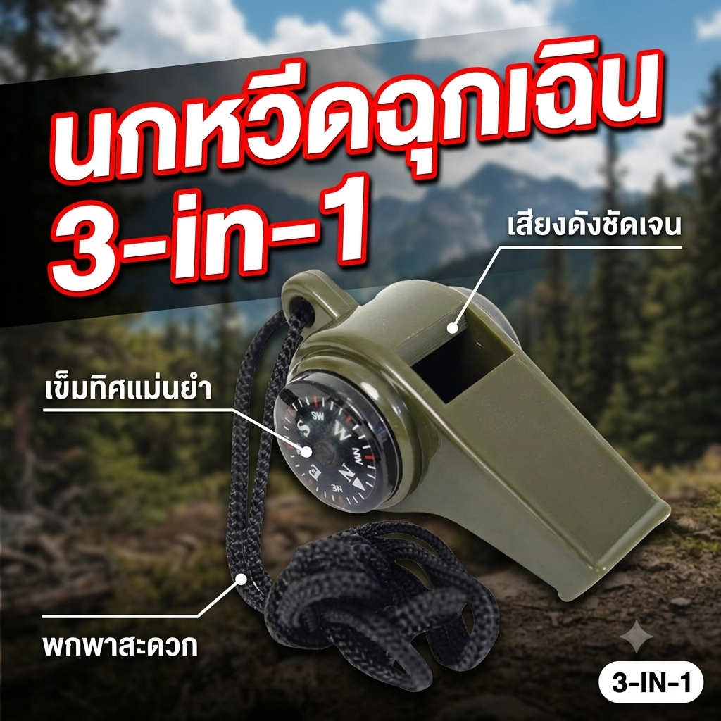 นกหวีดฉุกเฉิน 3-in-1 พร้อมเข็มทิศ และ เทอร์โมมิเตอร์วัดอุณหภูมิ
