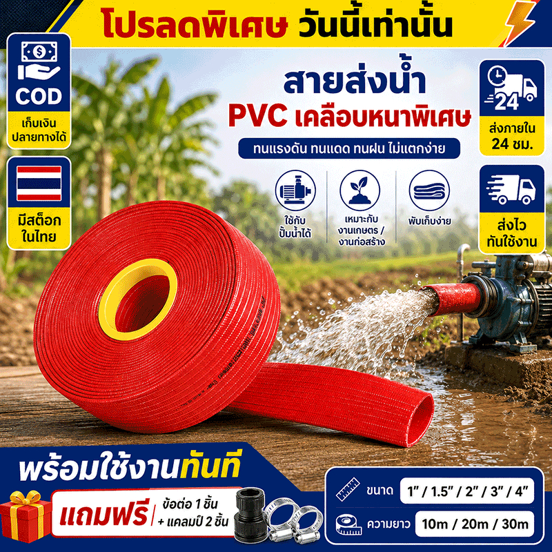 รถทับไม่แตก มีดกรีดไม่ขาด สายส่งน้ำ PVC 1-4 นิ้ว 30 เมตร หนาพิเศษ ทนแรงดัน ทนแดด พร้อมข้อต่อ ใช้กับปั๊มน้ำ งานเกษตร