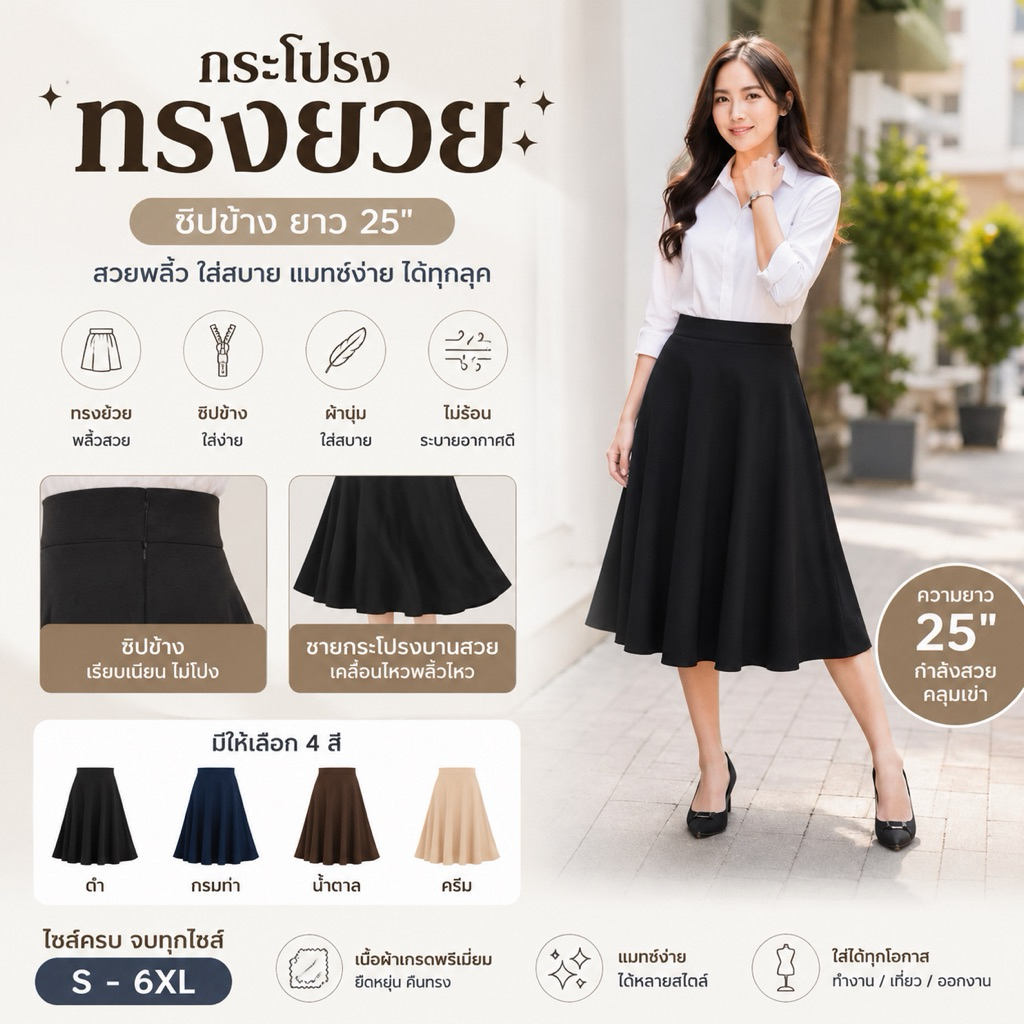 กระโปรงทรงย้วยผ้าฮานาโกะ พร้อมส่ง