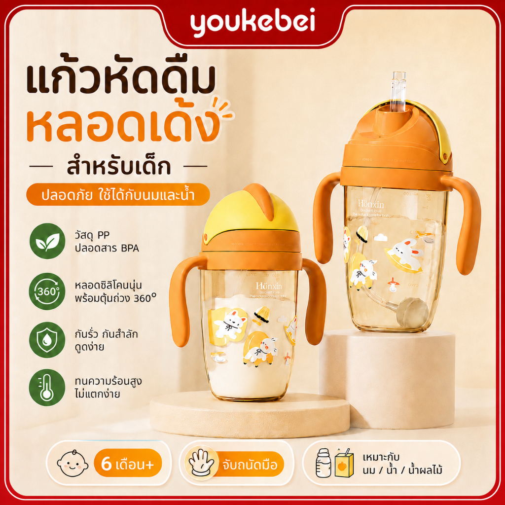 Youkebei แก้วหัดดื่ม PP สำหรับเด็ก ปลอด BPA หลอดซิลิโคน หูจับคู่ กันหก ทนร้อน 6 เดือน+