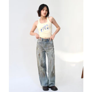 JARINYA (S-2XL) กางเกงยีนส์ขายาวเอวสูง สีฟอกแต่งดีเทลเลอะ (JY1632)