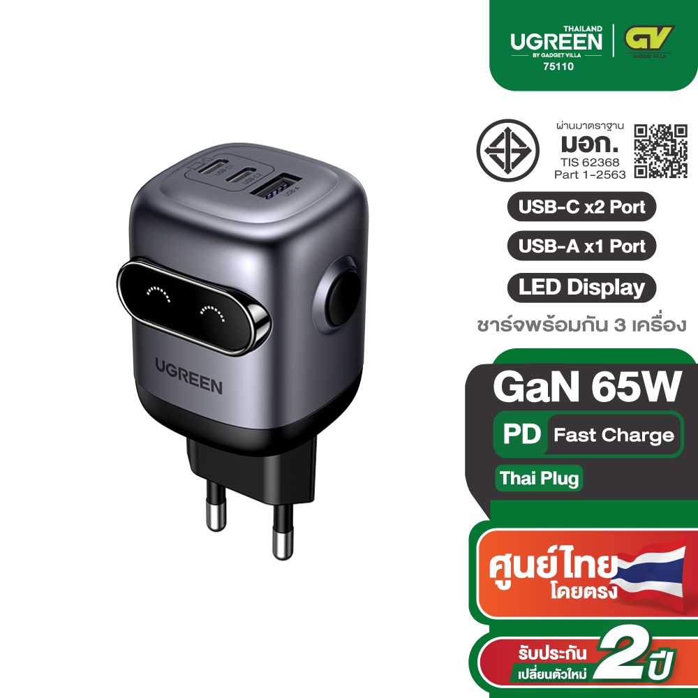 UGREEN Nexode Uno 65W GaN Charger 3-Port PD Fast Charge สำหรับ MacBook iPhone 17 Pro Max RoboGaN ไทยปลั๊ก รุ่น 75110