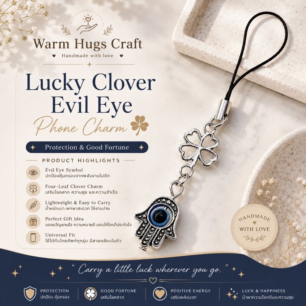 Phone charm >> EVIL EYE CLOVER โคลเวอร์ ที่ห้อยมือถือ ที่ห้อยโทรศัพท์ พวงกุญแจ | เครื่องราง ปกป้อง | ของขวัญปัจฉิม