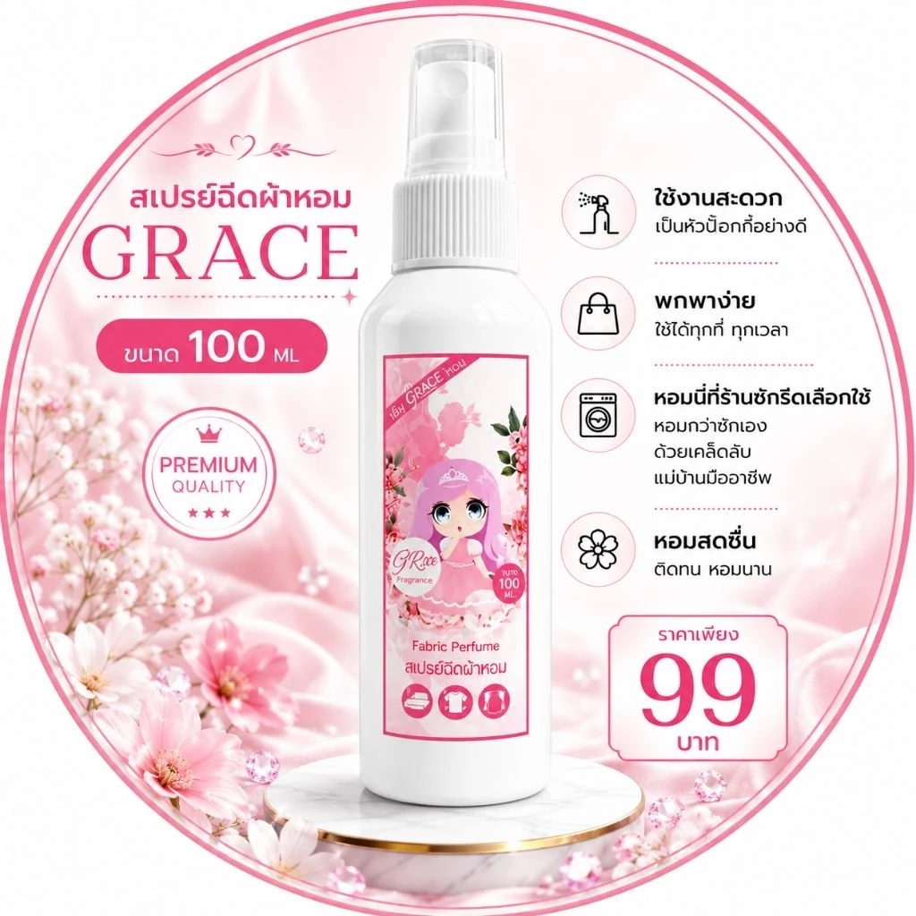 น้ำหอมฉีดผ้าGraceสีชมพู89บาท.NEW!!!!ขนาพกพาสะดวก-หอมนานปริมาณ100ml.
