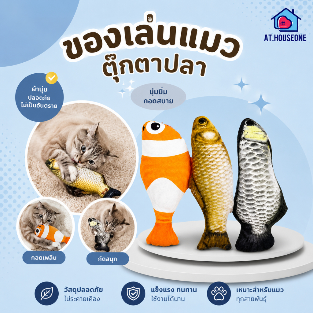 At.Houseone ของเล่นแมว ตุ๊กตาปลาแคทนิป นุ่มนิ่ม ปลอดภัย ของเล่นแมวฟินๆ ตุ๊กตาปลาจำลอง สำหรับแมวทุกสายพันธุ์