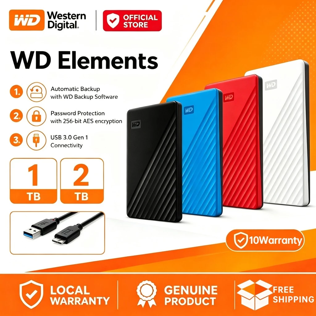 (จัดส่งภายใน 24 ชั่วโมง)Western Digital Hardisk Eksternal1TB/2TB ฮาร์ดดิสก์แบบพกพาภายนอก USB3.0 รองรับ Windows 10 Years