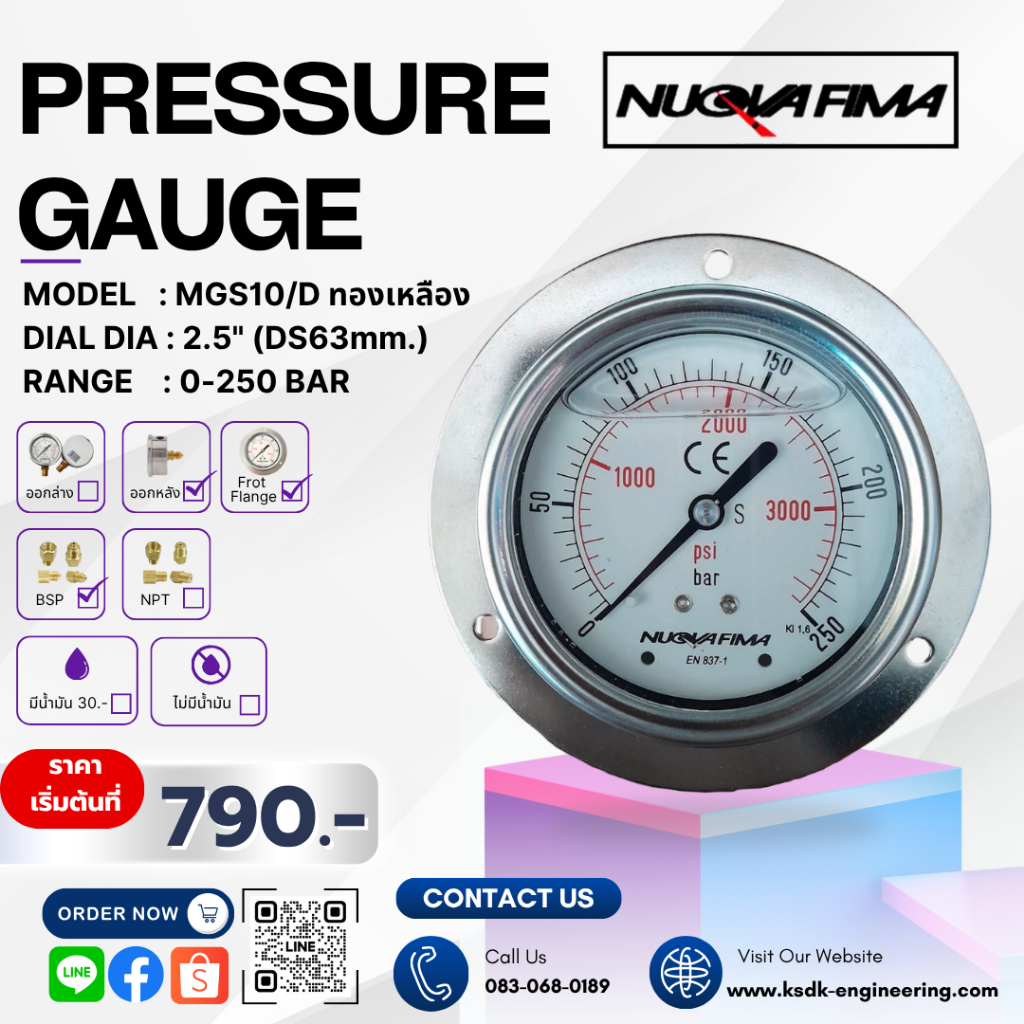MGS10/D DS63 0-250 BAR หน้าปัด 2.5" ออกหลัง BSP ทองเหลือง มีปีกด้านหน้า / มีน้ำมัน