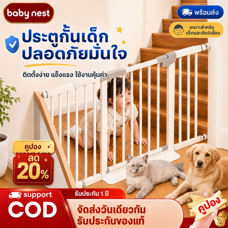 ประตูกั้นเด็ก ที่กั้นบันได ที่กั้นประตู ไม่ต้องเจาะผนัง ระบบปิดเองอัตโนมัติ สำหรับเด็กและสัตว์เลี้ยง