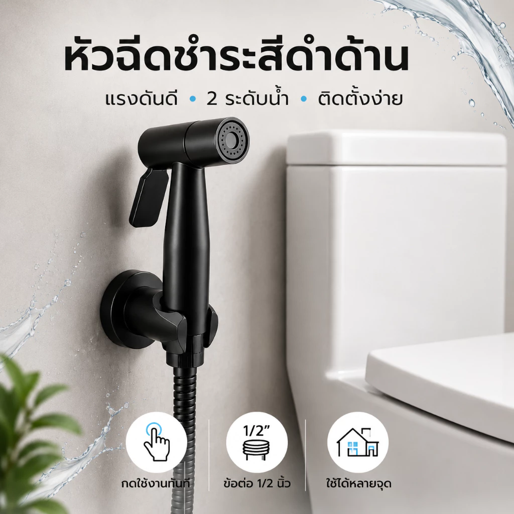 【ท่อน้ำยางยาว 120 เซนติเมตร】GRACE ชุดหัวฉีดโถส้วมสีดำ ทำจากสแตนเล304แข็งแรงและทนต่อการกัดกร่อน สามารถปรับมุมการฉีดน้ำได