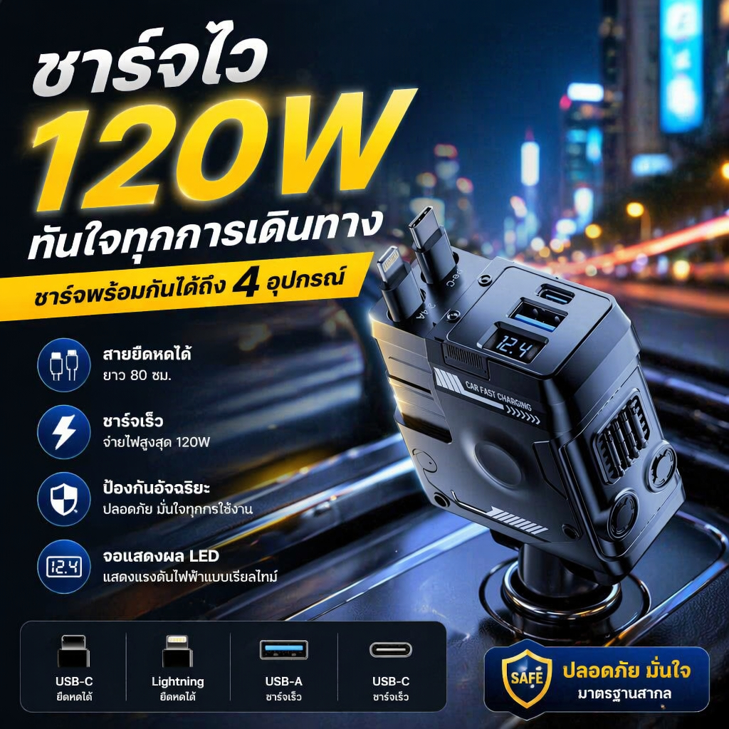ที่ชาร์จในรถยนต์ 4IN1 120W ชาร์จเร็ว PD Type-C Lightning สายชาร์จหดได้ เก็บอัตโนมัติ หัวชาร์จรถยนต์ USB