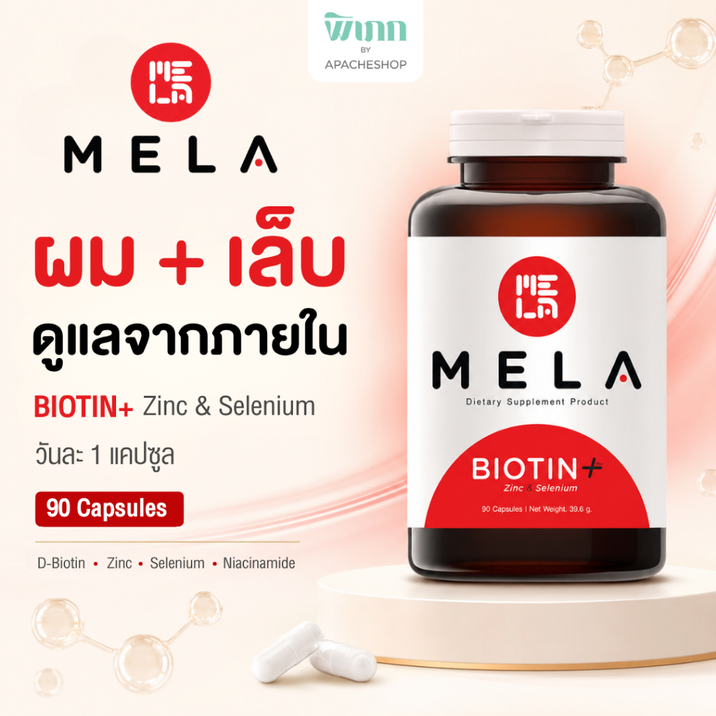 MELA Biotin+ Zinc Selenium ไบโอติน วิตามินบำรุงผม เล็บ ผมร่วง ผมบาง อาหารเสริม [30/90 Caps]