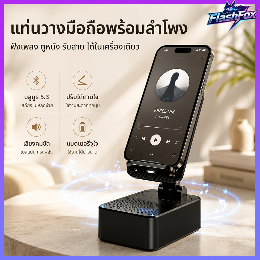 FlashFox⚡ ลำโพงบลูทูธ 3in1 แท่นวางมือถือ พาวเวอร์แบงค์ 5000mAh Bluetooth 5.3 เสียง 360°