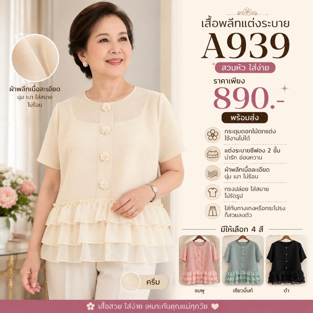 Pleatbynisa A939 เสื้ออัดพลีท แขนสั้น สีพื้น  เรียบหรูน่ารักมากๆ พร้อมส่ง