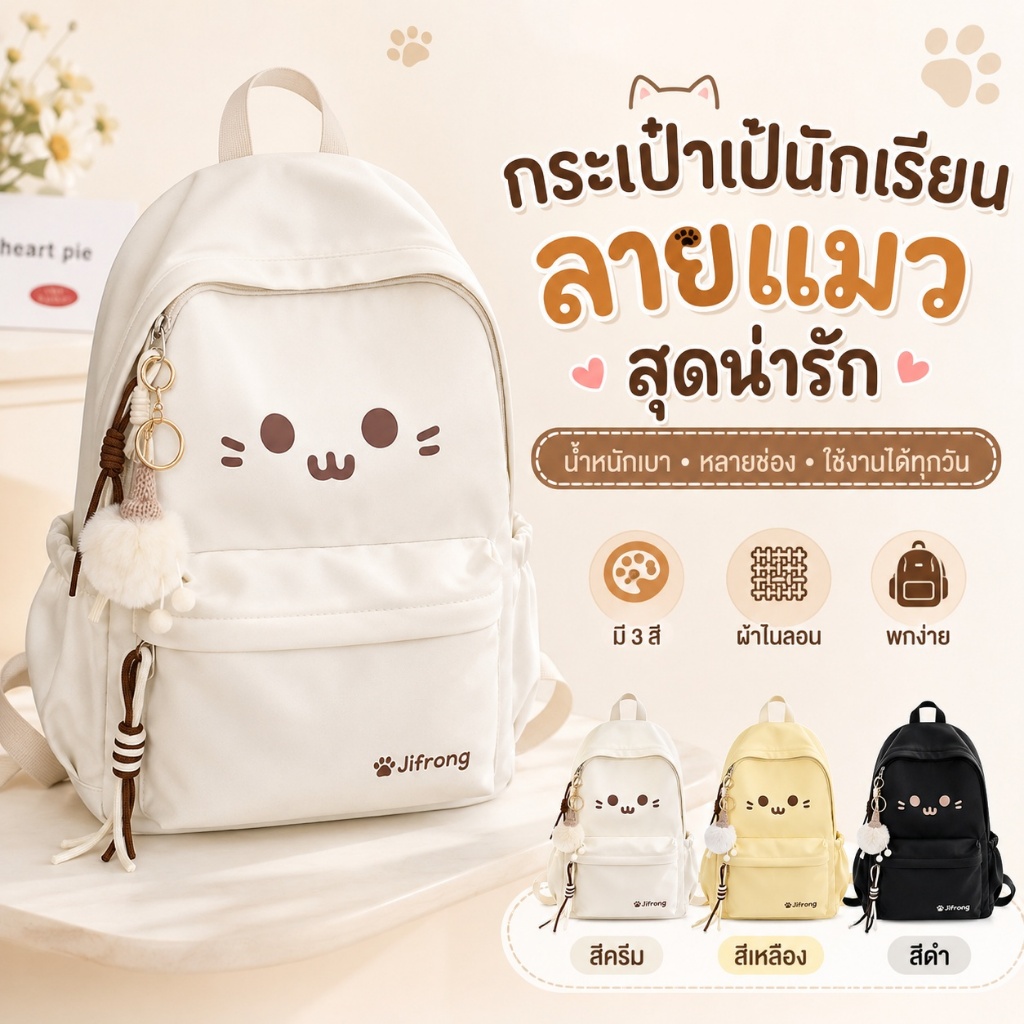 กระเป๋าเป้นักเรียนผู้หญิง ลายแมว ผ้าไนลอน น้ำหนักเบา หลายช่อง มีช่องซิปหลัง สไตล์ญี่ปุ่น 3 สี
