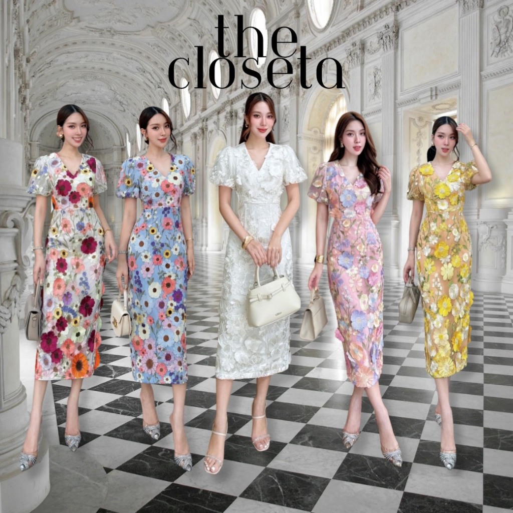 THE CLOSETA : (พร้อมส่ง) LB537 เดรสแขนตุ๊กตาทรงสอบงานปักดอกไม้3D