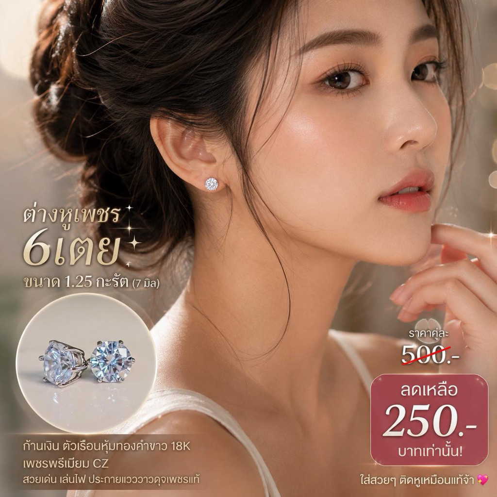 ต่างหูเพชรเม็ดเดี่ยวไซส์1.25กะรัต(7มิล)