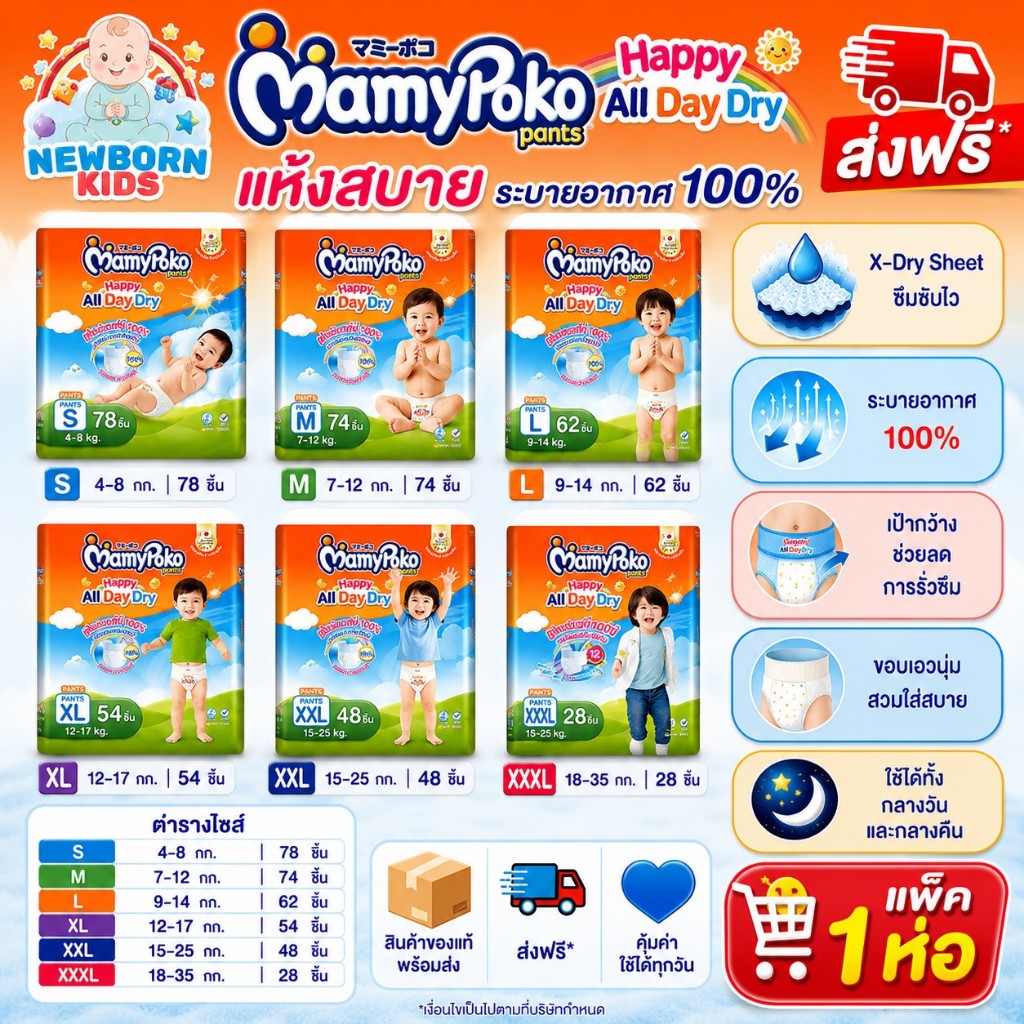 ผ้าอ้อมเด็กมามี่โพโค แพ้นท์ All Day Dry