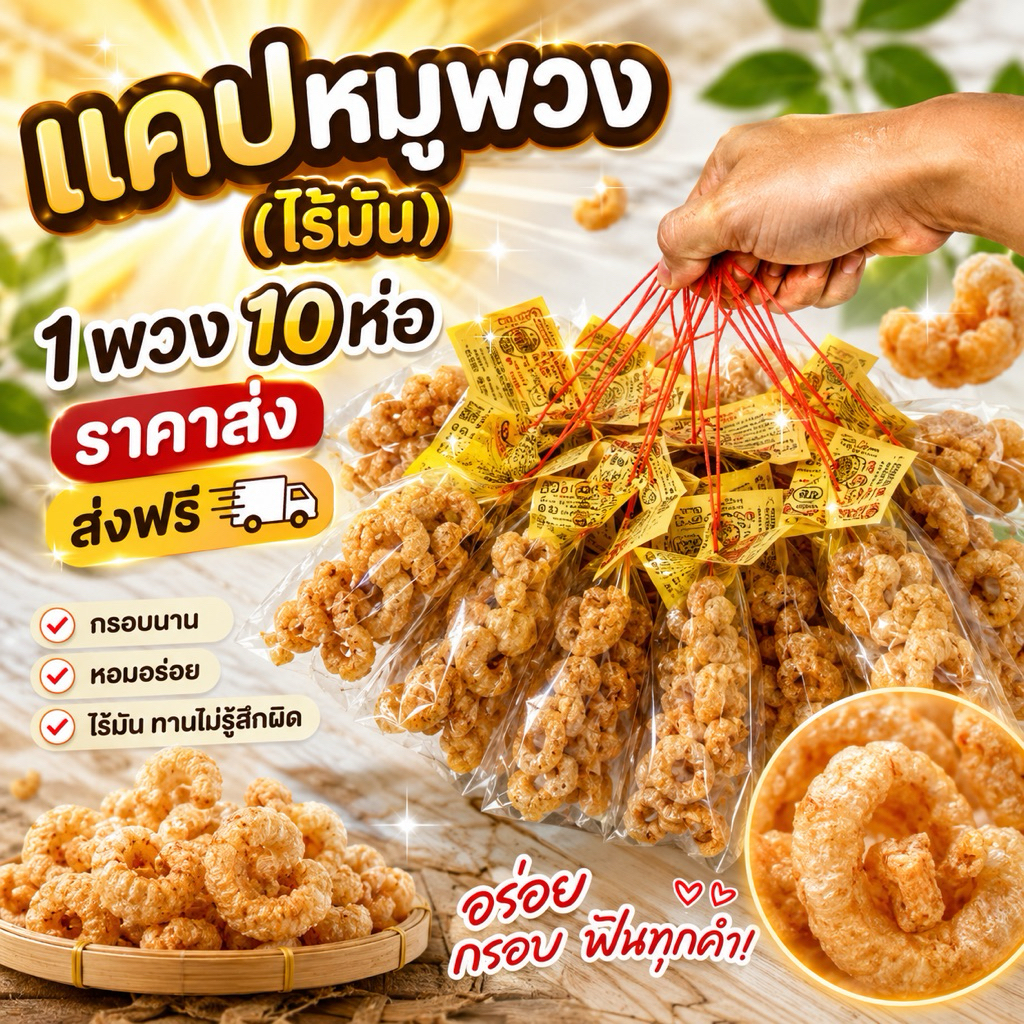 แคปหมูพวงไร้มัน 1พวง10ห่อเล็ก ราคาประหยัด