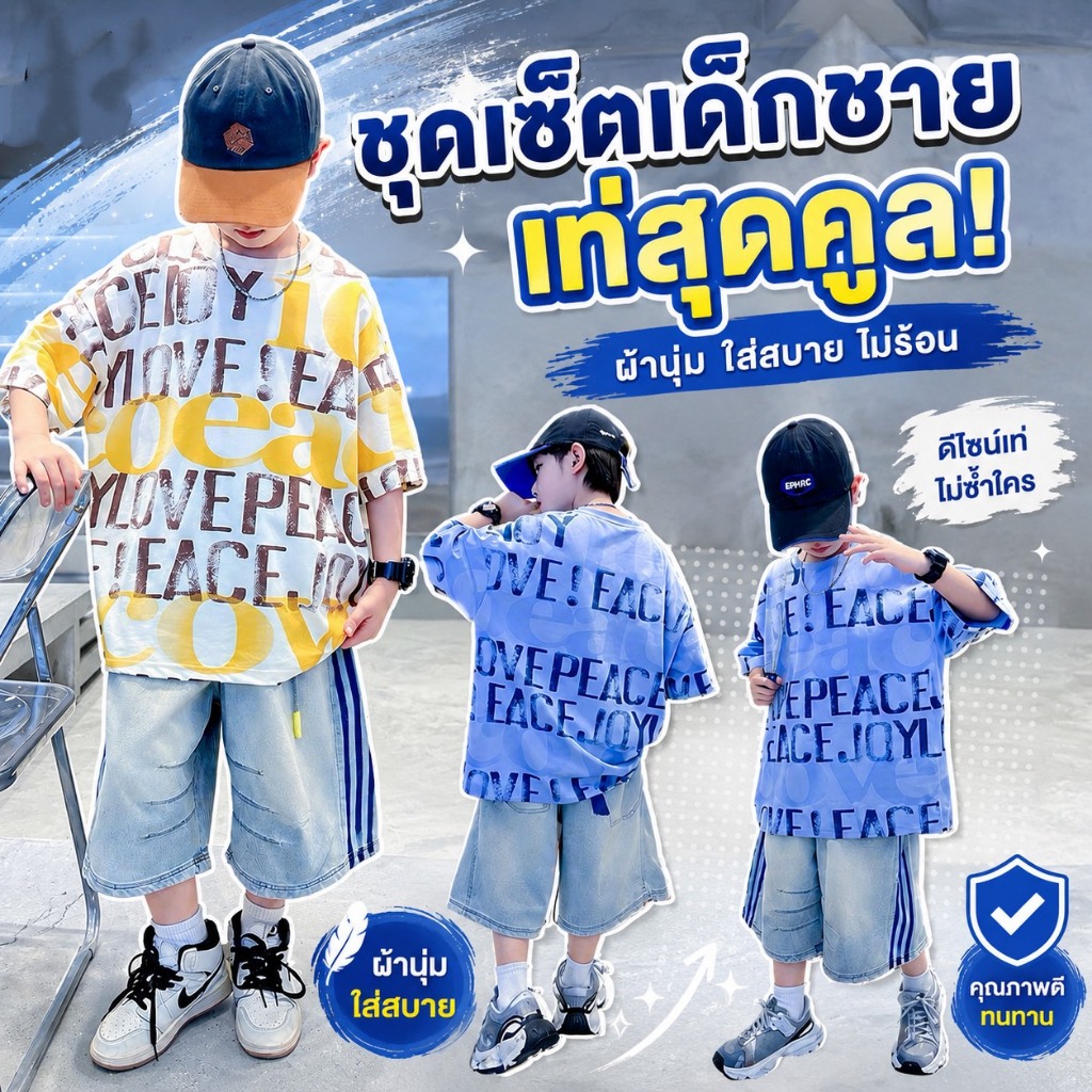 ML-760ชุดเซ็ตเด็กชาย 2ชิ้น โอเวอร์ไซซ์รุ่นPEACE (เสื้อลายกราฟิก+เกงยีนส์ฟอกอ่อนแถบข้าง สีไลท์บลู)  ใส่สบาย พร้อมส่ง