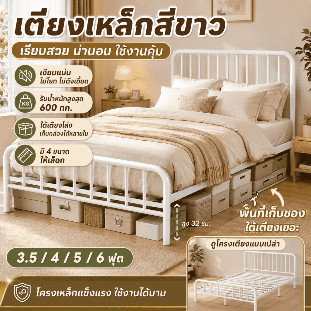 🔥รับประกันฟรี🔥 เตียงเหล็กสีขาว 3.5/4/5/6 ฟุต โครงเหล็กหนา แข็งแรง ไม่โยก  600KG ใต้เตียงเก็บของได้เยอะ ประกอบง่าย