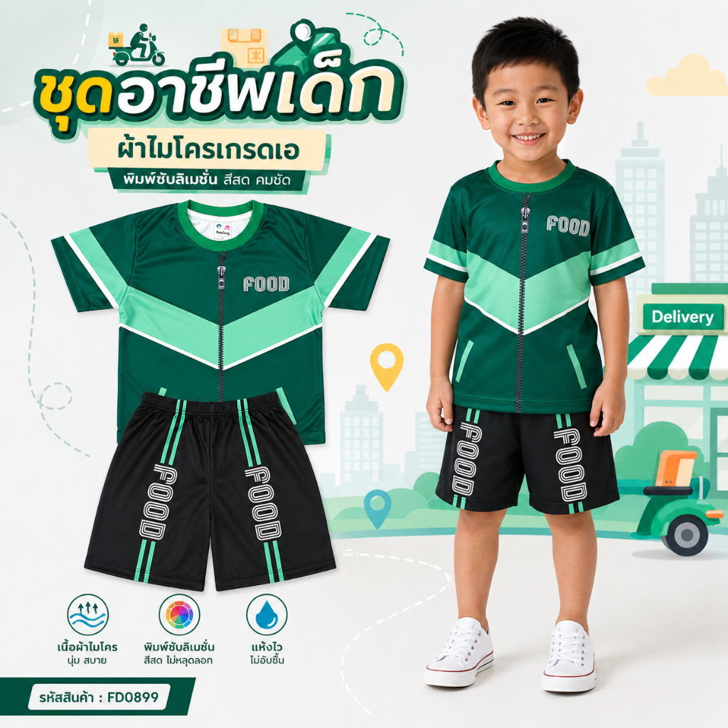 FD0899 เสื้อผ้าเด็ก ชุดอาชีพ เสื้อแขนสั้น+กางเกงขาสั้น ลายพนักงานส่งอาหาร ผ้าไมโครเกรดA ชุดเด็กแฟชั่น ชุดเด็กลายการ์ตูน