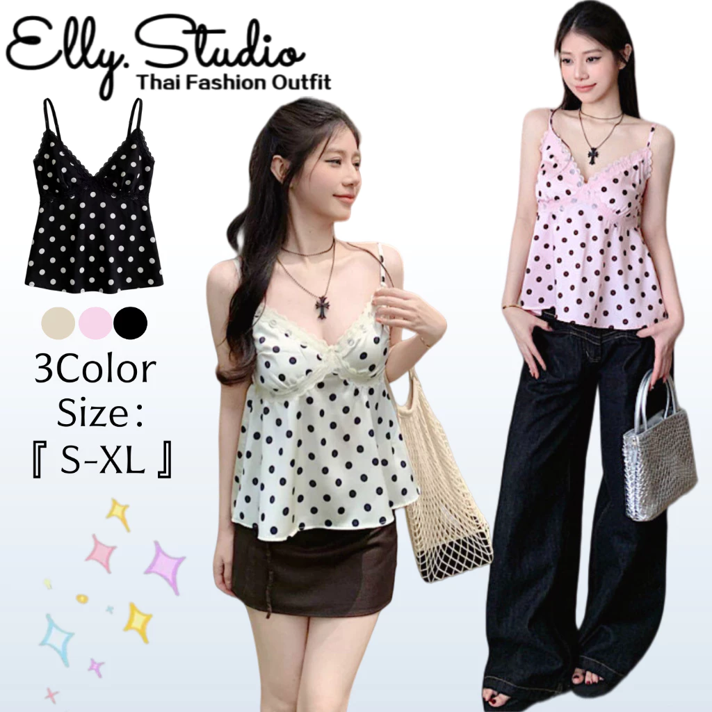 Elly พร้อมส่ง🦄เสื้อสายเดี่ยวลายจุด🦄แต่งตัวสวยสไตล์เกิร์ล สไตล์ยูริ น่ารักเซ็กซี่ แต่งตัวไปเที่ยวได้