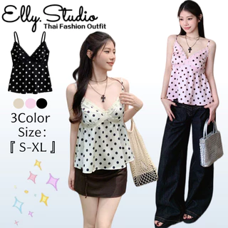Elly พร้อมส่ง🦄เสื้อสายเดี่ยวลายจุด🦄แต่งตัวสวยสไตล์เกิร์ล สไตล์ยูริ น่ารักเซ็กซี่ แต่งตัวไปเที่ยวได้