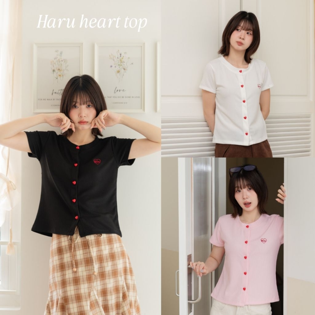 Haru Heart Top เสื้อแขนสั้น กระดุมหน้าหัวใจ งานปักอกหัวใจ ผ้าร่องทอ สินค้าพร้อมส่ง