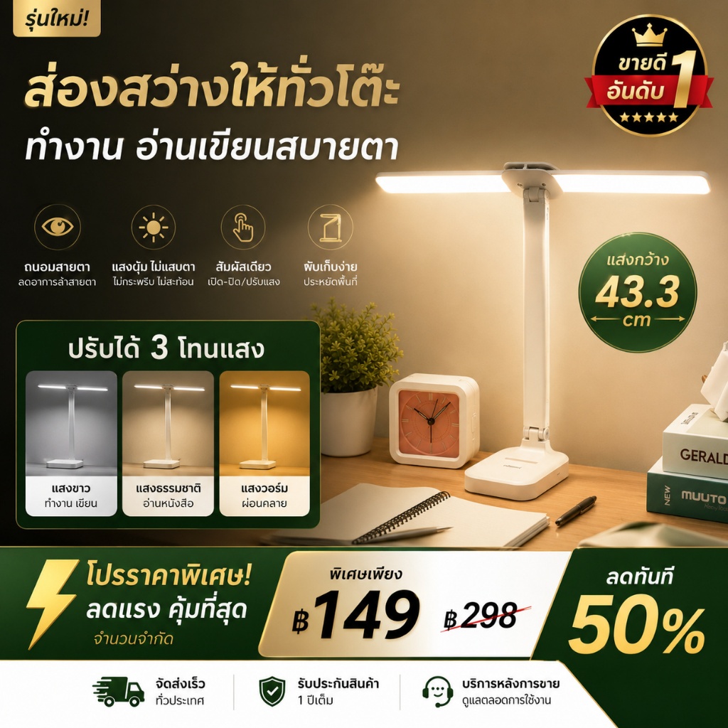 โคมไฟตั้งโต๊ะ โคมไฟตั้งโต๊ะพับได้ โคมไฟอ่านหนังสือ โคมไฟอ่านหนังสือ LED ปรับแสงได้ มีแบตเตอรี่ในตัว จี่แสงได้