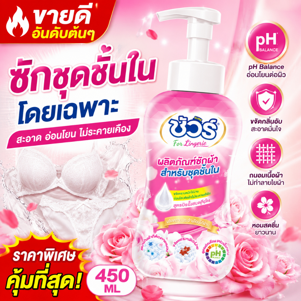 SURE น้ำยาซักชุดชั้นใน ชัวร์ 450ml สูตรขจัดคราบหนัก คราบประจำเดือน ซักชุดชั้นใน คราบเลือด ขจัดคราบประจำเดือน