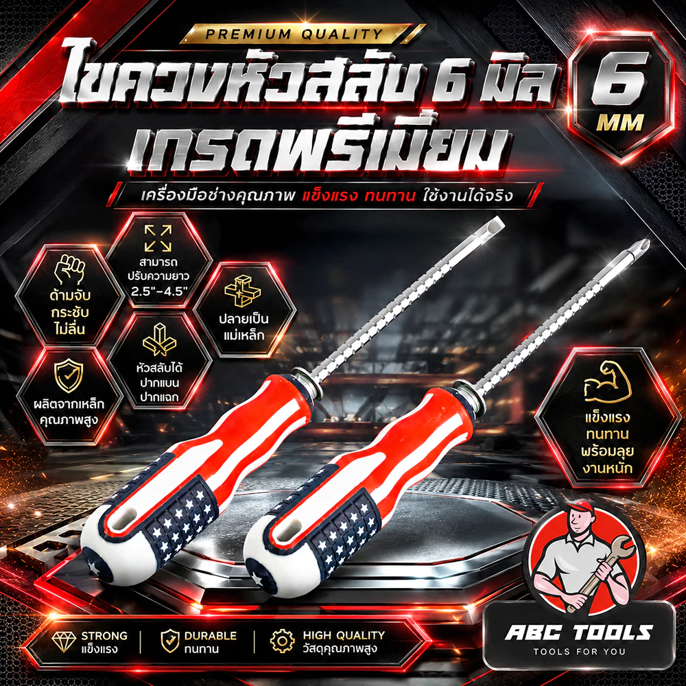 ไขควงหัวสลับ 6 มิล Muscle Cow สลับหัวได้ ปากแบน ปากแฉก ปรับความยาวได้ 2.5"-4.5" แข็งแรง ทนทาน ไขควง ปากแบน ปากแหลม