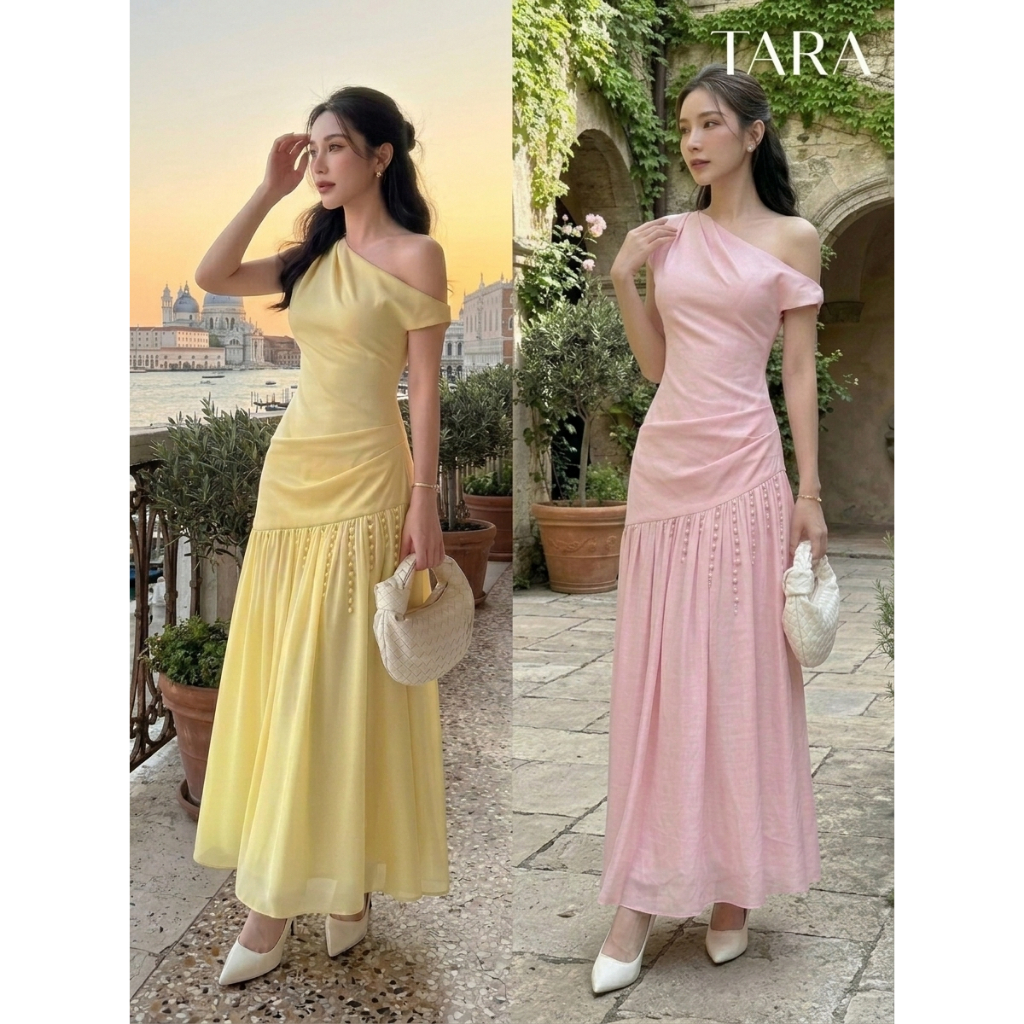 G415 เดรสยาวสายหวาน เปิดไหล่ ผ้าพลิ้วพรีเมียม สีพาสเทล
