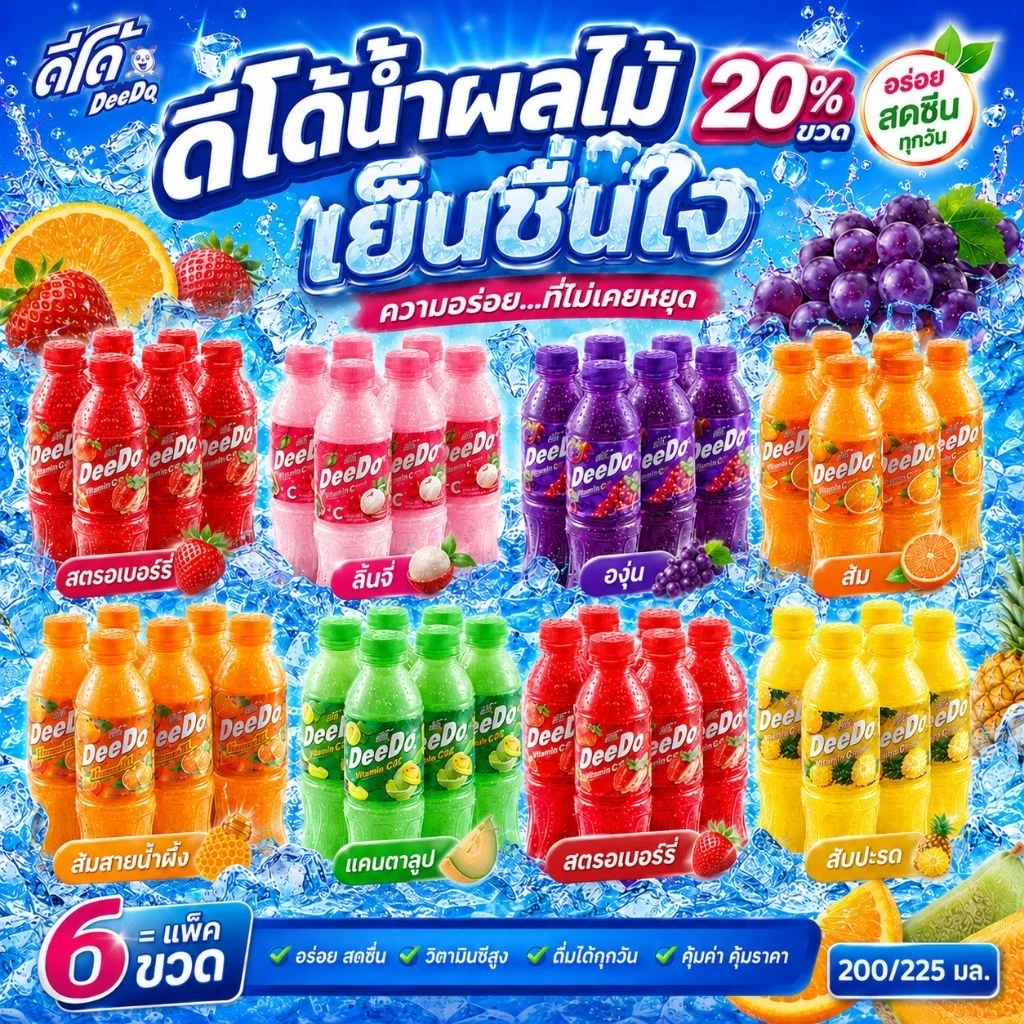 🥤 ดีโด้ 🍓🍍🍊ขนาด 200 มล แพ็ค 6 ขวด ราคาส่ง