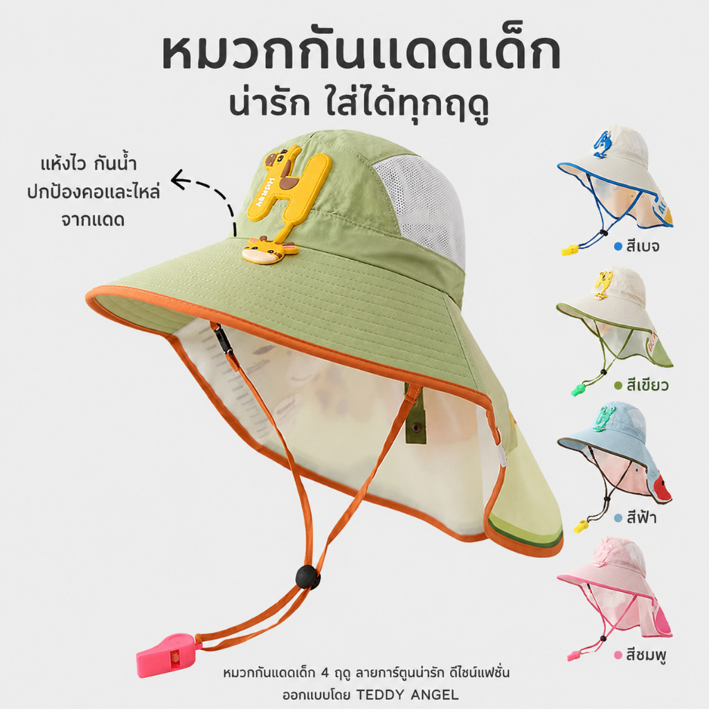 หมวกเด็ก หมวกกันแดดเด็ก หมวกปีกกว้าง คลุมคอ กัน UV ระบายอากาศ สำหรับเด็กชายเด็กหญิง