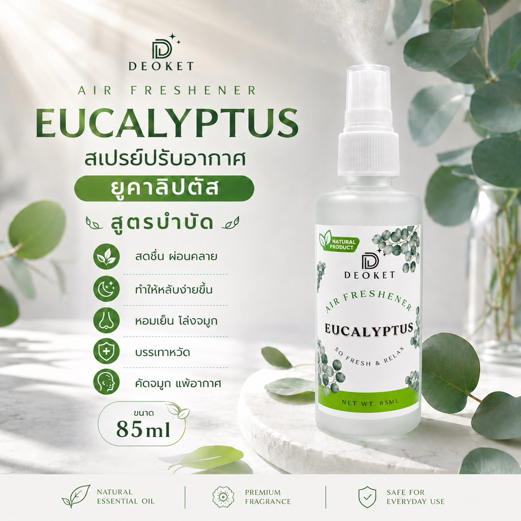 😵โล่งจมูก😴สเปรย์ปรับอากาศ ยูคาลิปตัสแท้ ลดหวัดคัดจมูก แพ้อากาศ ลดความตึงเครียด ใช้ได้2-3เดือน ขวดใหญ่85ml Room Spray