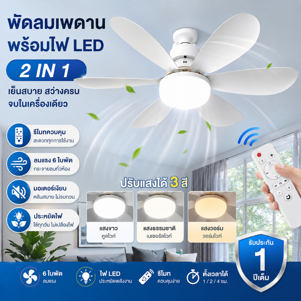 40W E27 ไฟพัดลมเพดาน LED ไฟพัดลมห้องนั่งเล่น/ห้องนอน ถอดออกได้ ปรับแสงได้ ไฟพัดลมติดเพดาน พร้อมรีโมท