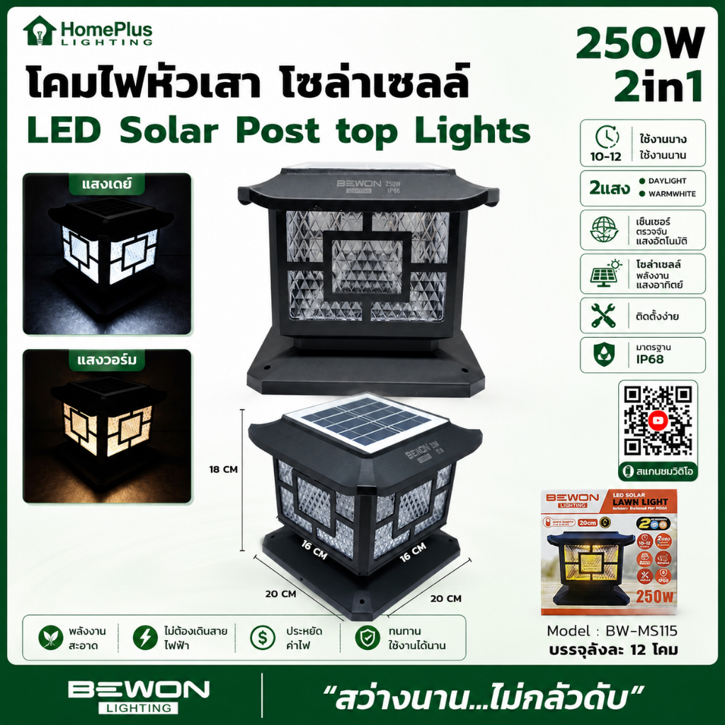 โคมไฟหัวเสาโซล่าเซลล์ 250 วัตต์ Bewon