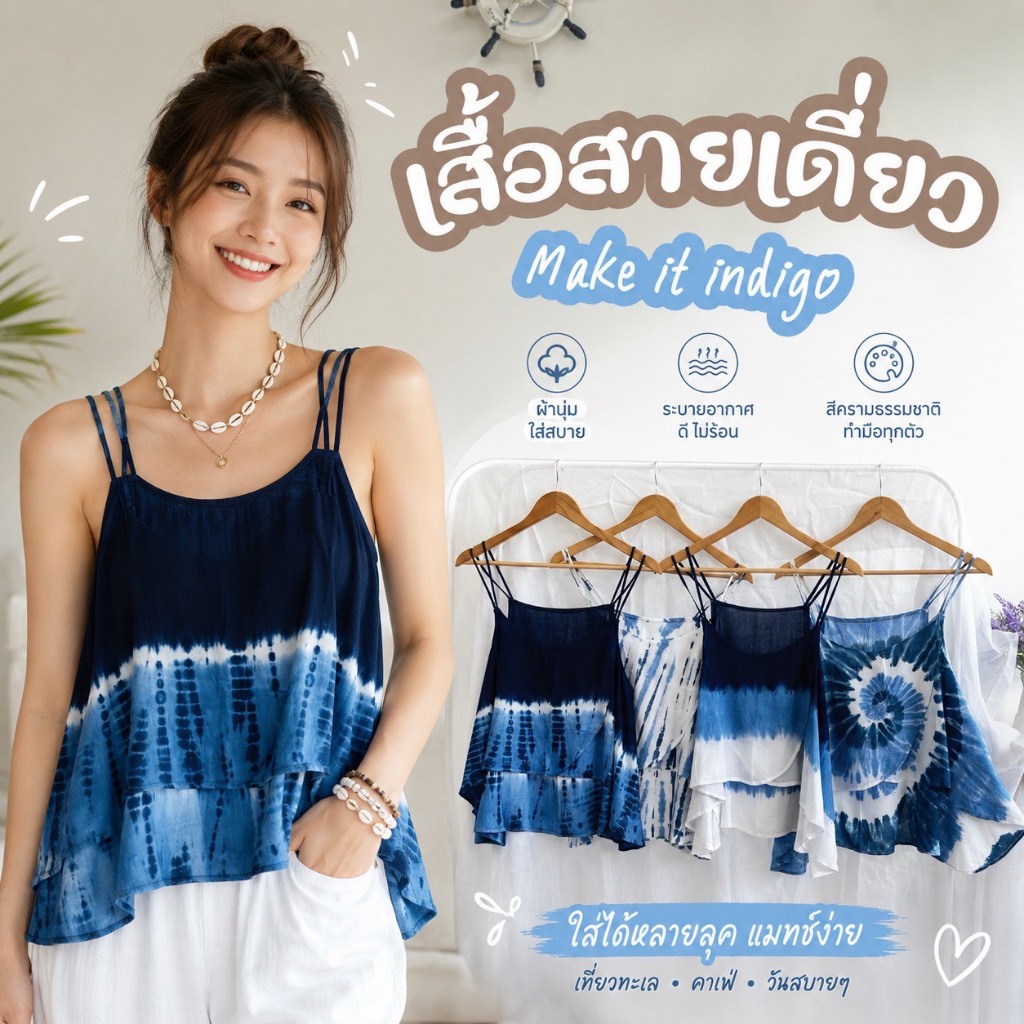 New เสื้อสายเดี่ยว มัดย้อมครามธรรมชาติ สไตล์เรียบง่าย น่ารัก สวมใส่สบาย