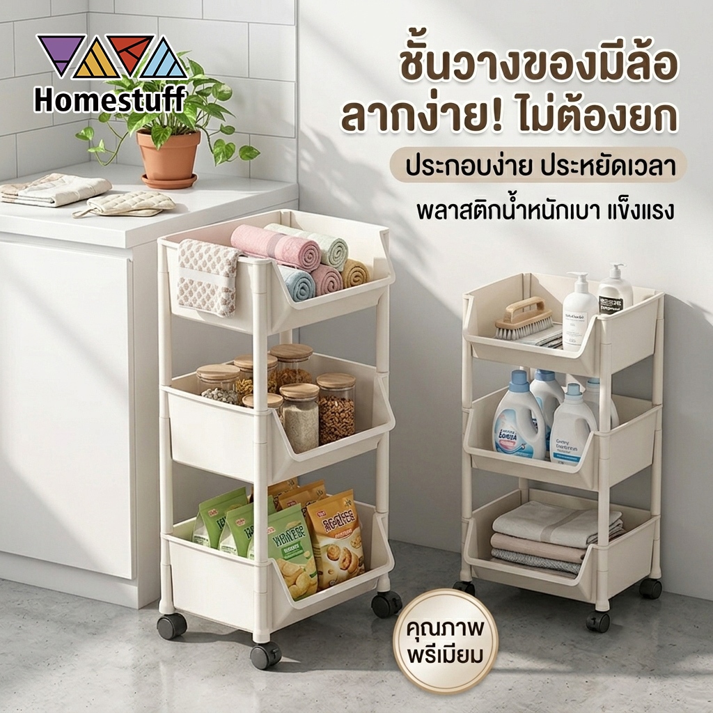HOMESTUFF ชั้นวางของพลาสติก มีล้อ ชั้นวางของพลาสติก PP รถเข็นเก็บของ 3ชั้น รุ่นฮิต พร้อมส่ง!