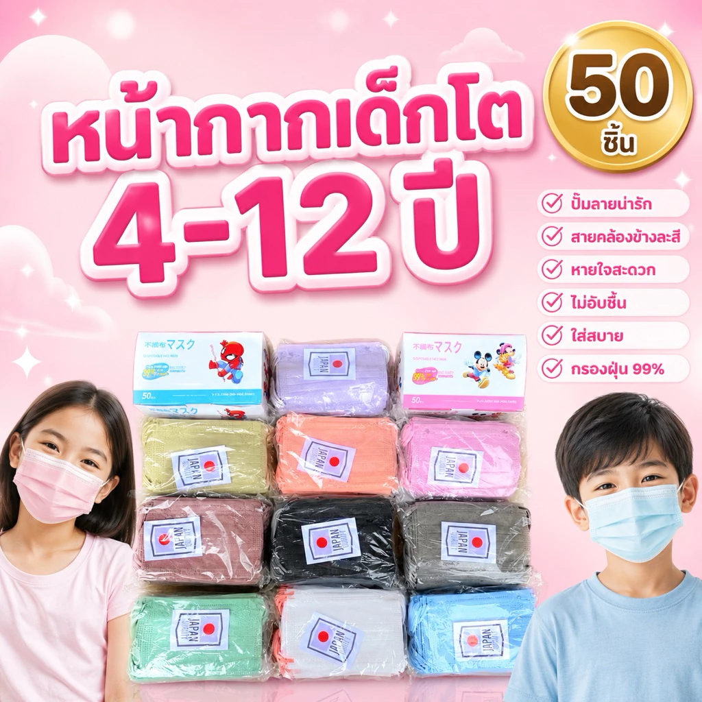 แมสเด็ก1กล่อง50ชิ้น อายุ4-13ปี พร้อมกล่อง(มีพร้อมกล่อง)มีราคาส่งปลีกและส่ง