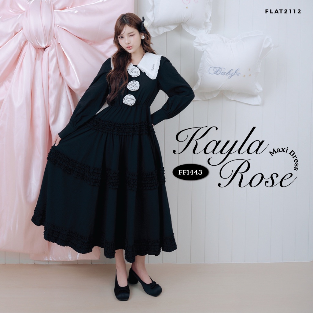 FLAT2112 : KAYLA ROSE MAXI DRESS เดรสยาวโทนสีดำ ดีไซน์คลาสสิก โดดเด่นด้วยปกคอสีขาวตัดกับตัวชุด ลุคคุณหนูผู้ดี (FF1443)