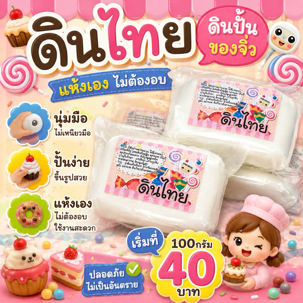 ดินไทย ดินปั้นของจิ๋ว แห้งแล้วแข็ง ไม่ต้องอบ ผสมสีได้ ระบายสีได้
