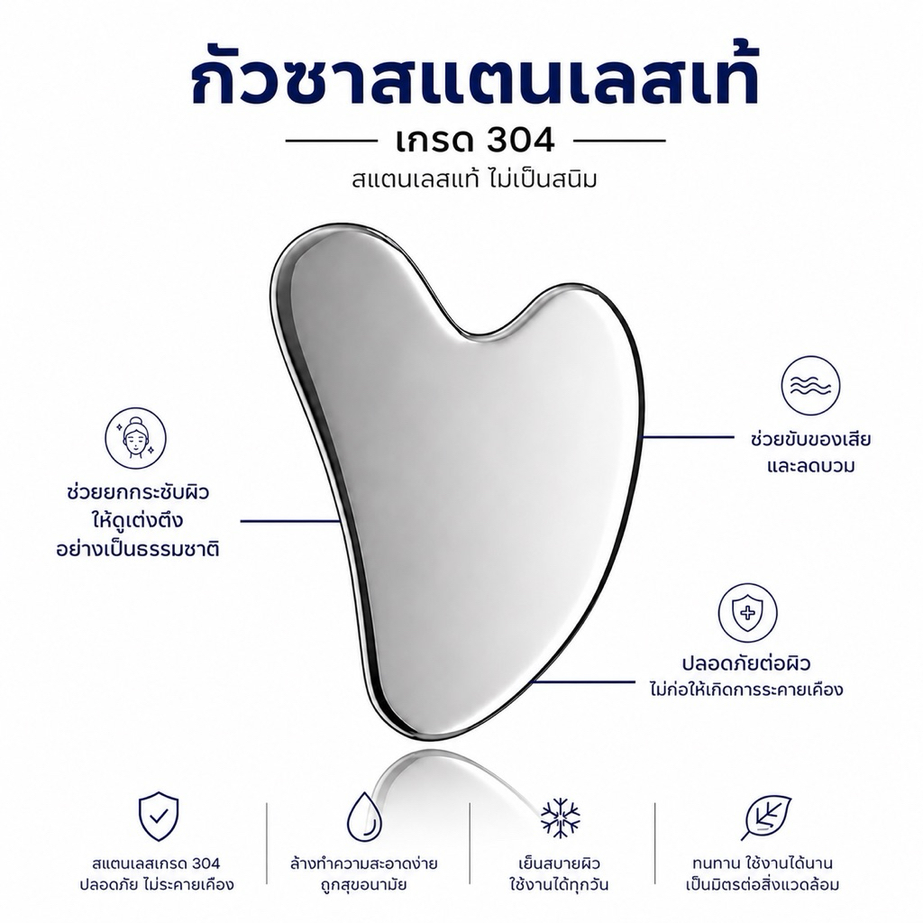 พร้อมส่ง กัวซาสแตนเลสแท้ 304 แผ่นนวดหน้า สัมผัสเย็น เรียบลื่น ยกกระชับผิว ลดบวม กระตุ้นผิวใส
