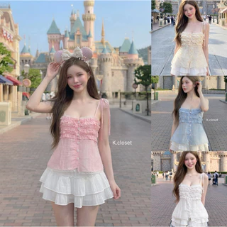 (อก28-40) เสื้อสายผูกระบายหวานพาสเทล เสื้อสายที่เดี่ยวผูกไหล่ ระบายหน้า สาวอวบใส่ได้อกถึง 40นิ้ว