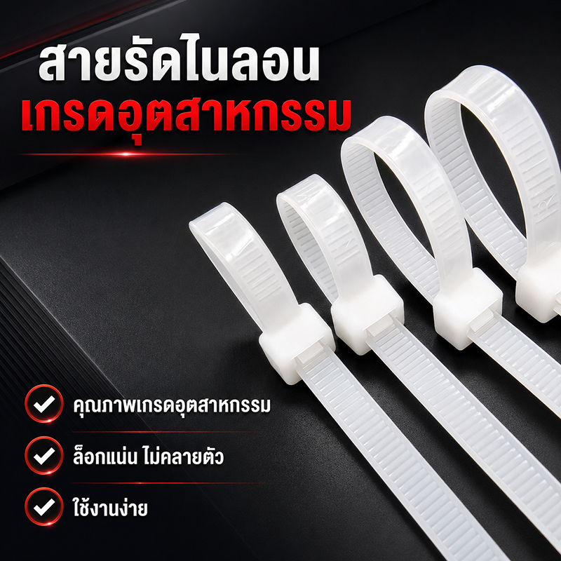 เคเบิ้ลไทร์ไนลอน 66 สีขาวและดำ ขนาด 3-8 มม. ยาว 100-500 มม. ล็อกแน่น เหมาะกับงานไฟฟ้าและอุตสาหกรรม