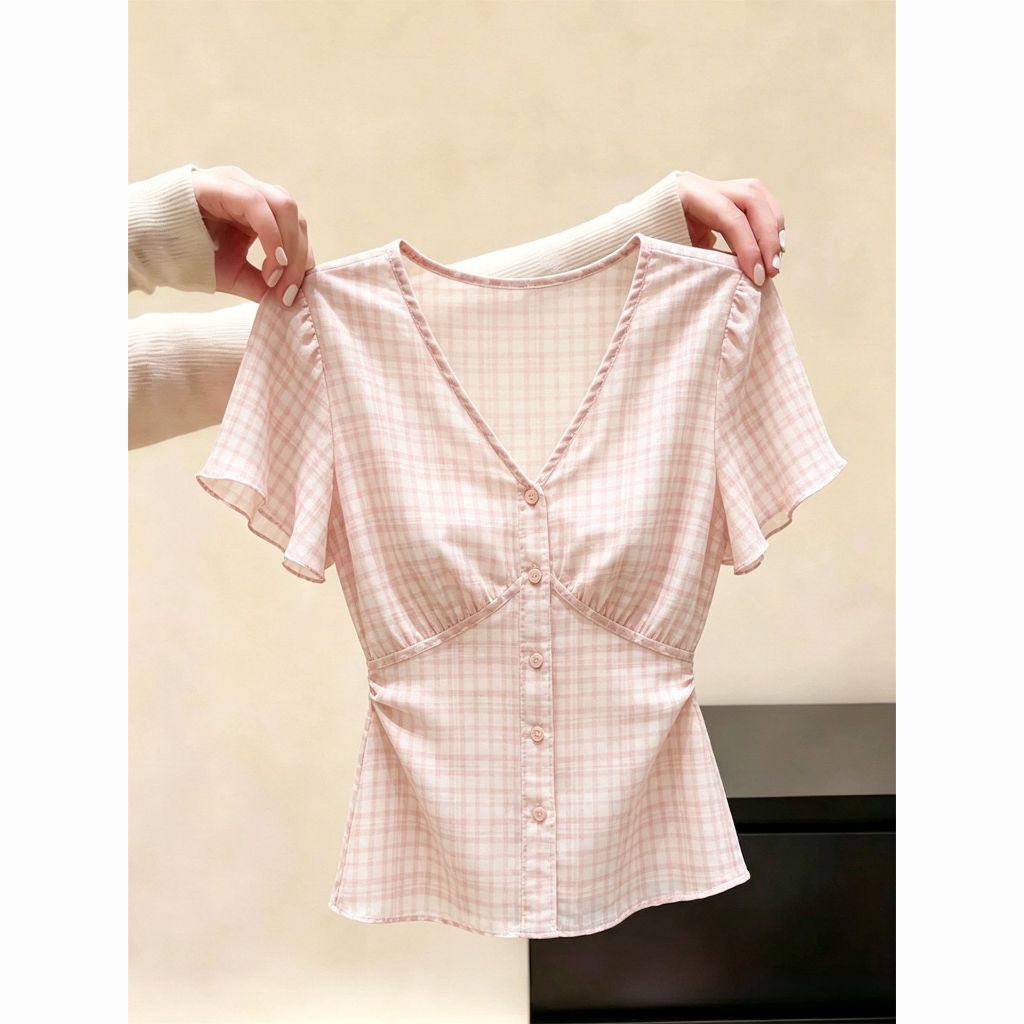 coco-เสื้อเชิ้ตสั้นแขนลูกฟูก ลายตาราง คอวี ผูกเอวรัดสัด สไตล์หวานประจำวัน