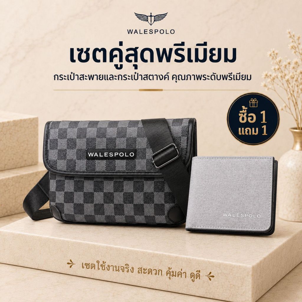 กระเป๋าสตางค์ผู้ชายของขวัญ WALESPOLO ใบสั้น ดีไซน์เรียบหรู สีดำ/เทา เหมาะทุกโอกาส